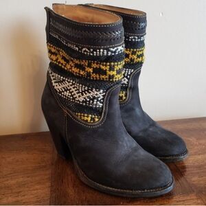 Cobra Society Cannon Leather Aztec Black Ankle Boot Stacked Heel Wool Booties 37